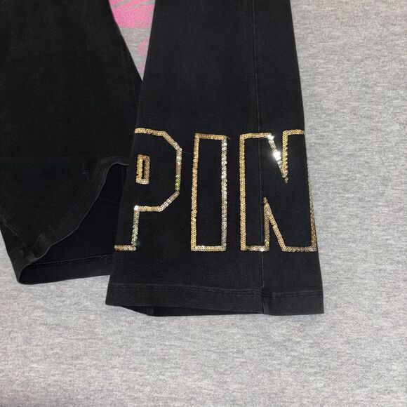 Victoria’s Secret PINK Foldover Flare Leggings Gold Sequin Bling Logo - Medium - Picture 6 of 11
